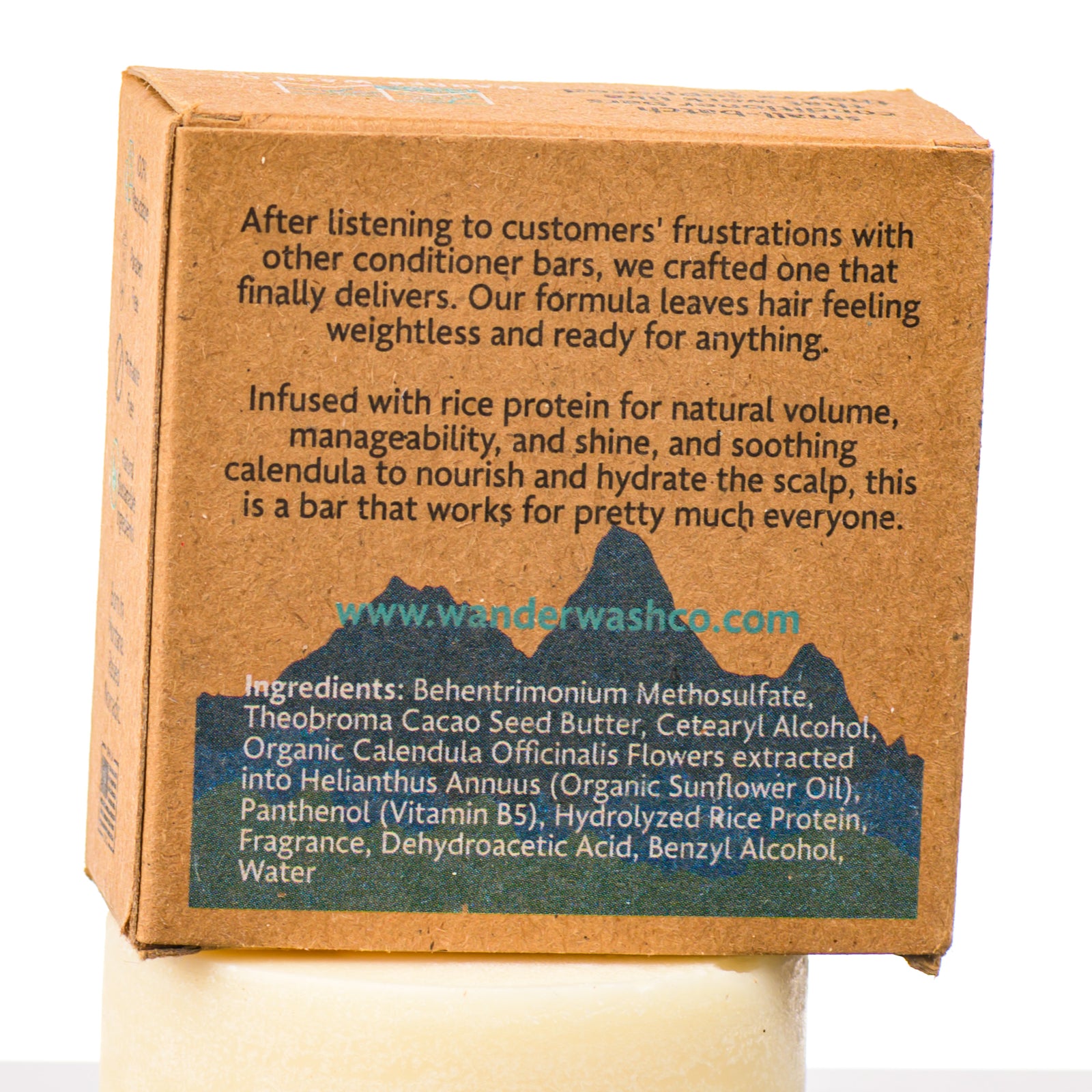 Back of a 1.7 oz box of Watermelon Sunrise Conditioner Bar (sweet watermelon)—made in Montana by Wander Wash Co, focused on back (ingredients list) against a white background