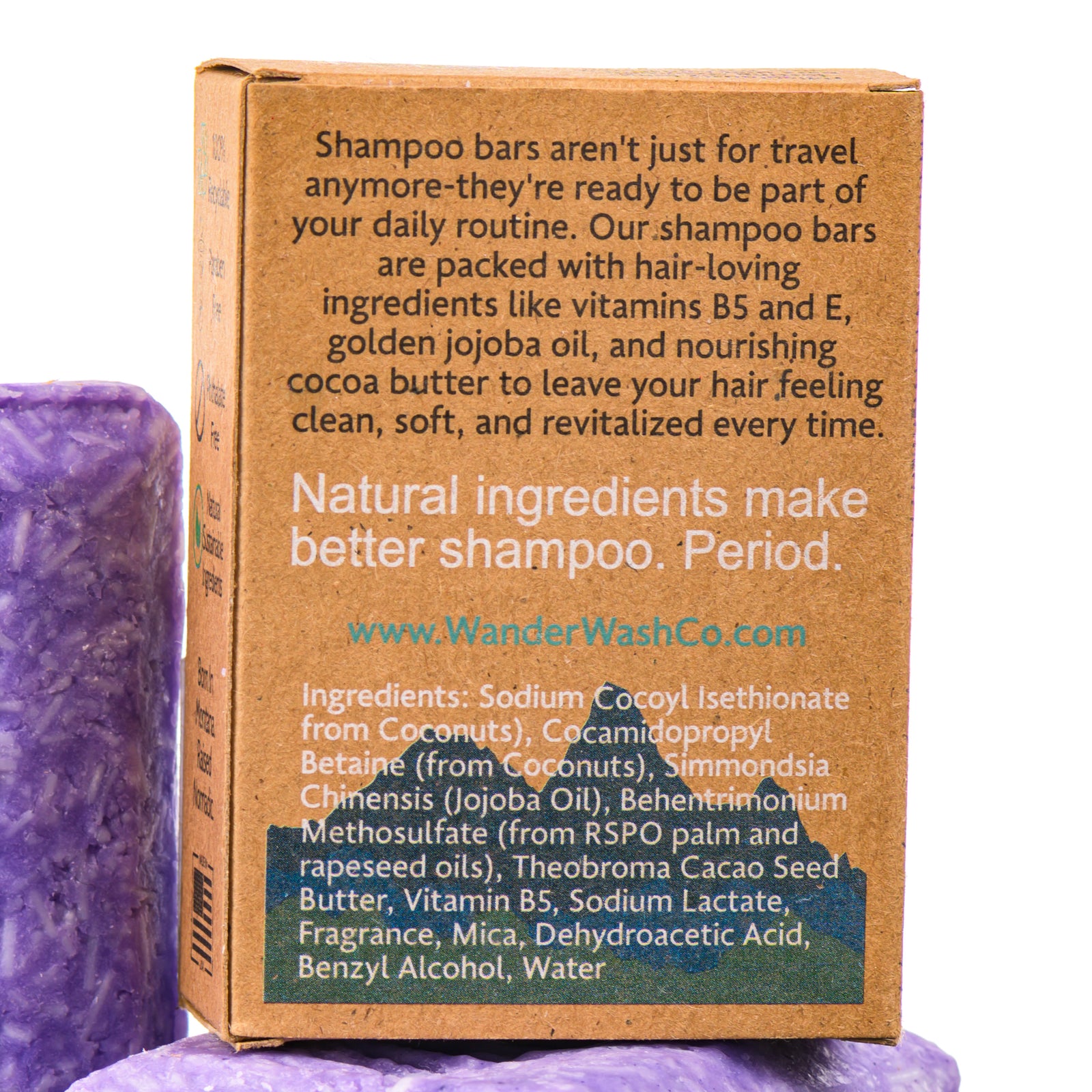 Display of three 4.5 oz bars of Beach Bum Blond Purple Shampoo Bar (for blonde and gray hair)—one in the box and two out of the box--made in Montana by Wander Wash Co, focused on back (ingredients list) against a white background