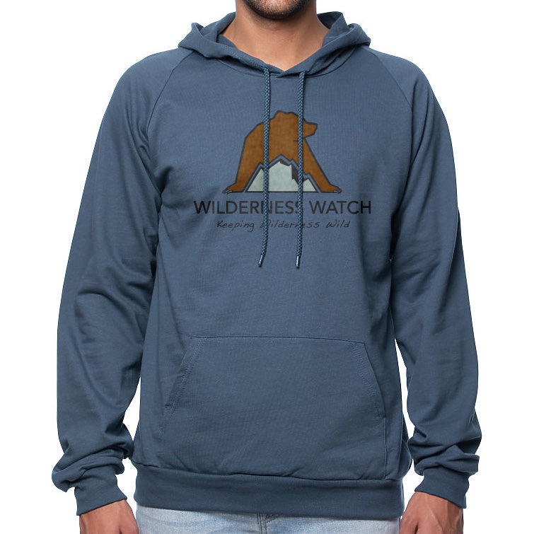 Pacific blue 100% Organic Cotton Pullover Hoodie featuring the Wilderness Watch logo, printed by Blue Peak Creative in Missoula, MT; a portion of sales are donated to the Wilderness Watch fundraiser
