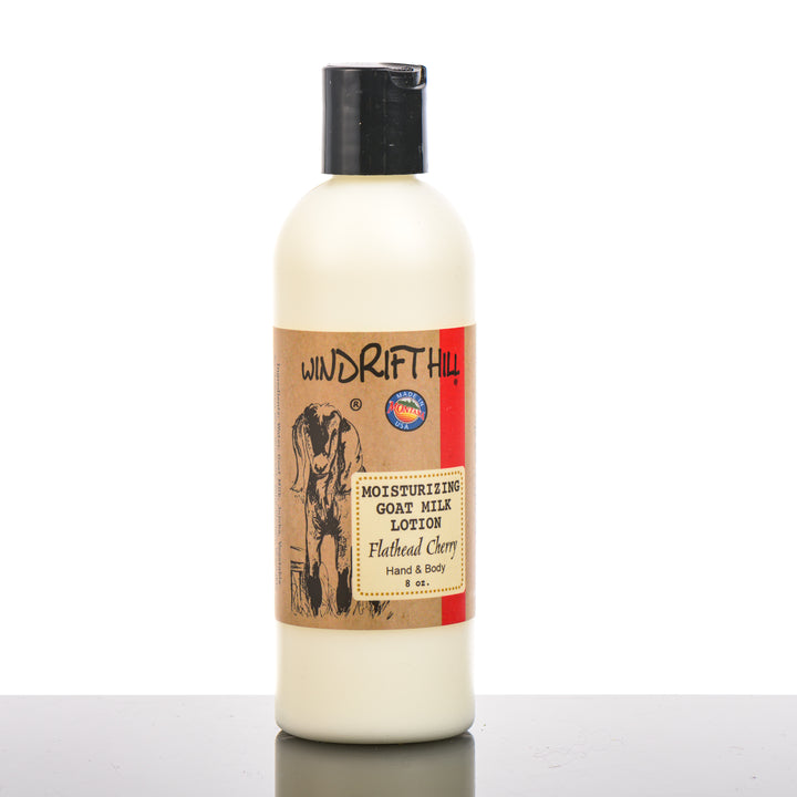 8 oz. bottle of Windrift Hill's Flathead Cherry Moisturizing Goat Milk Lotion, goat’s milk body lotion handmade in Montana, USA