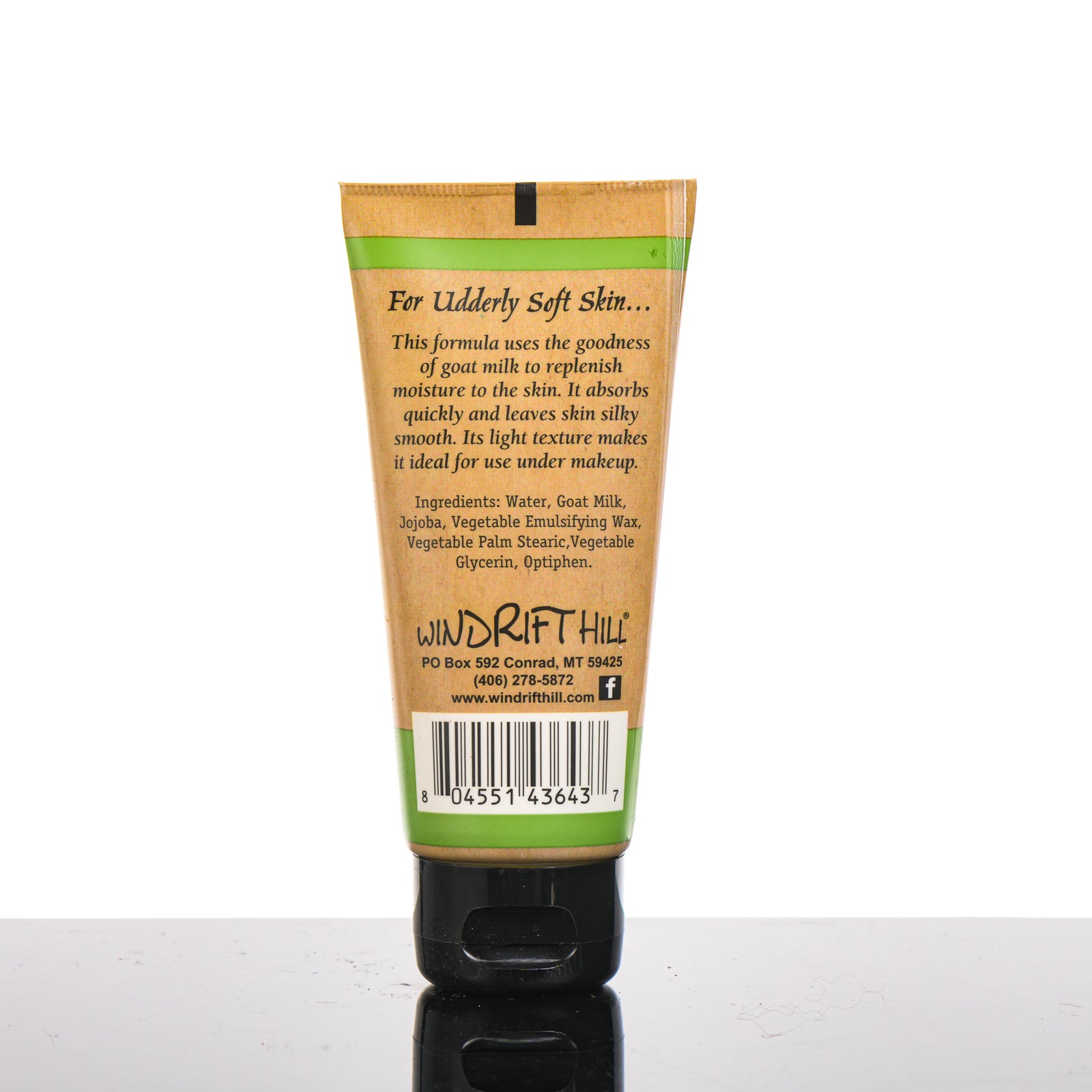 2 oz. bottle of Windrift Hill's Unscented Moisturizing Goat Milk Lotion, unscented goat’s milk body lotion handmade in Montana, USA