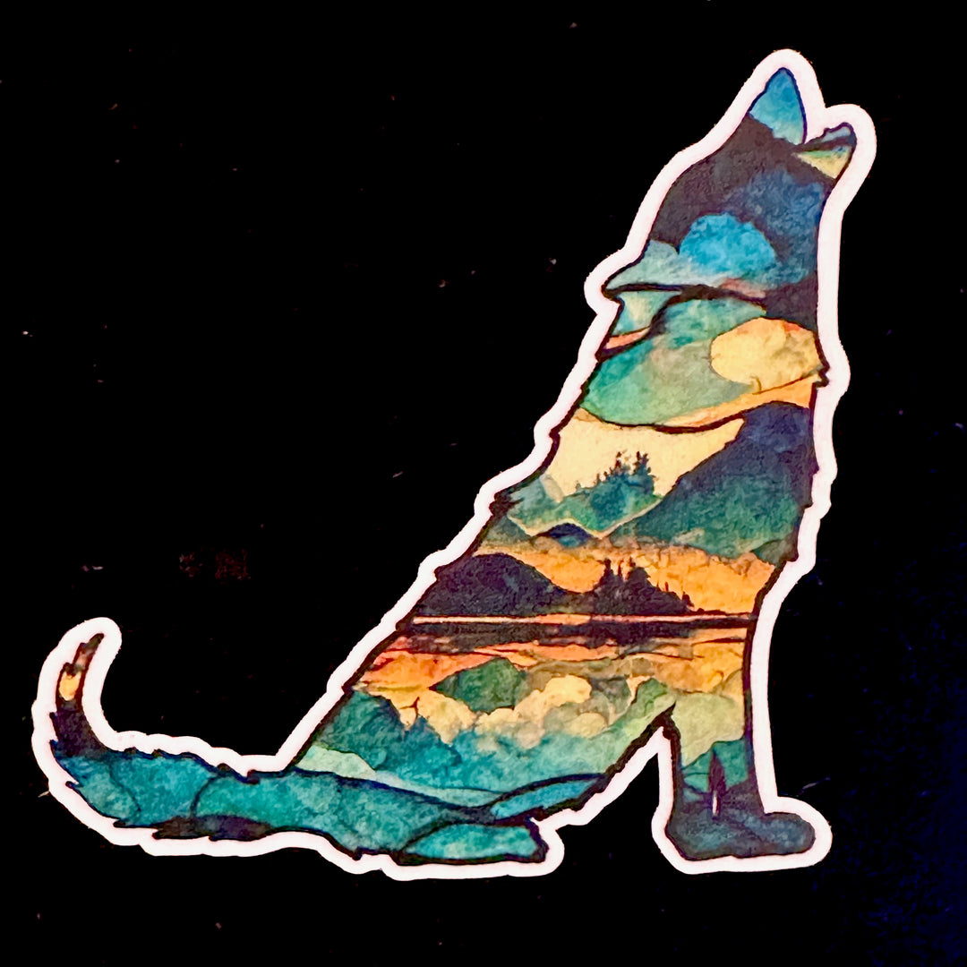 A vinyl sticker of a howling wolf silhouette with abstract ink art fill