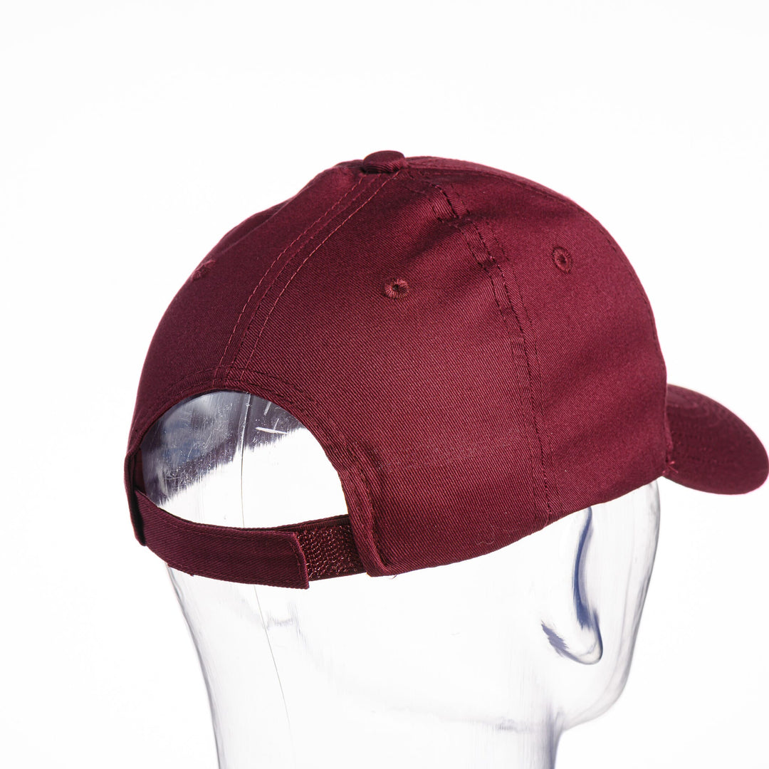 Blue Peak Creative's maroon Youth Six-Panel Twill Cap embroidered with the Montana Griz Script in black and silver, back