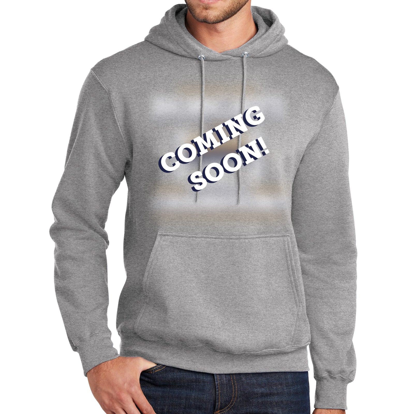Gray hoodie with 'COMING SOON!' text on a white background in place of the MSU bobcats winning championship design.