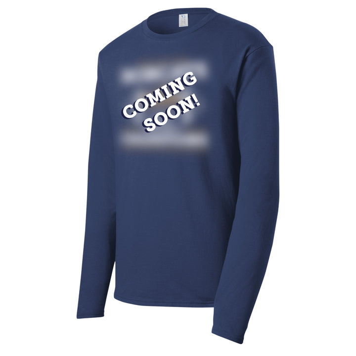 Navy Blue long-sleeve shirt with 'COMING SOON!' text on a white background in place of the MSU Cats championship long sleeve tshirt