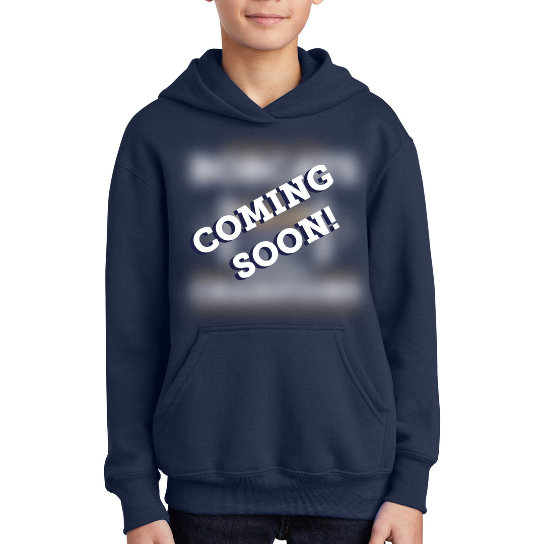 Navy hoodie with 'COMING SOON!' text on a white background in place of the MSU Cats championship design.