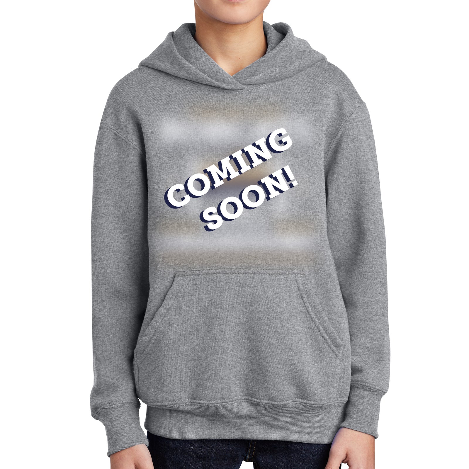 Gray hoodie with 'COMING SOON!' text on a white background in place of the MSU Cats championship design.