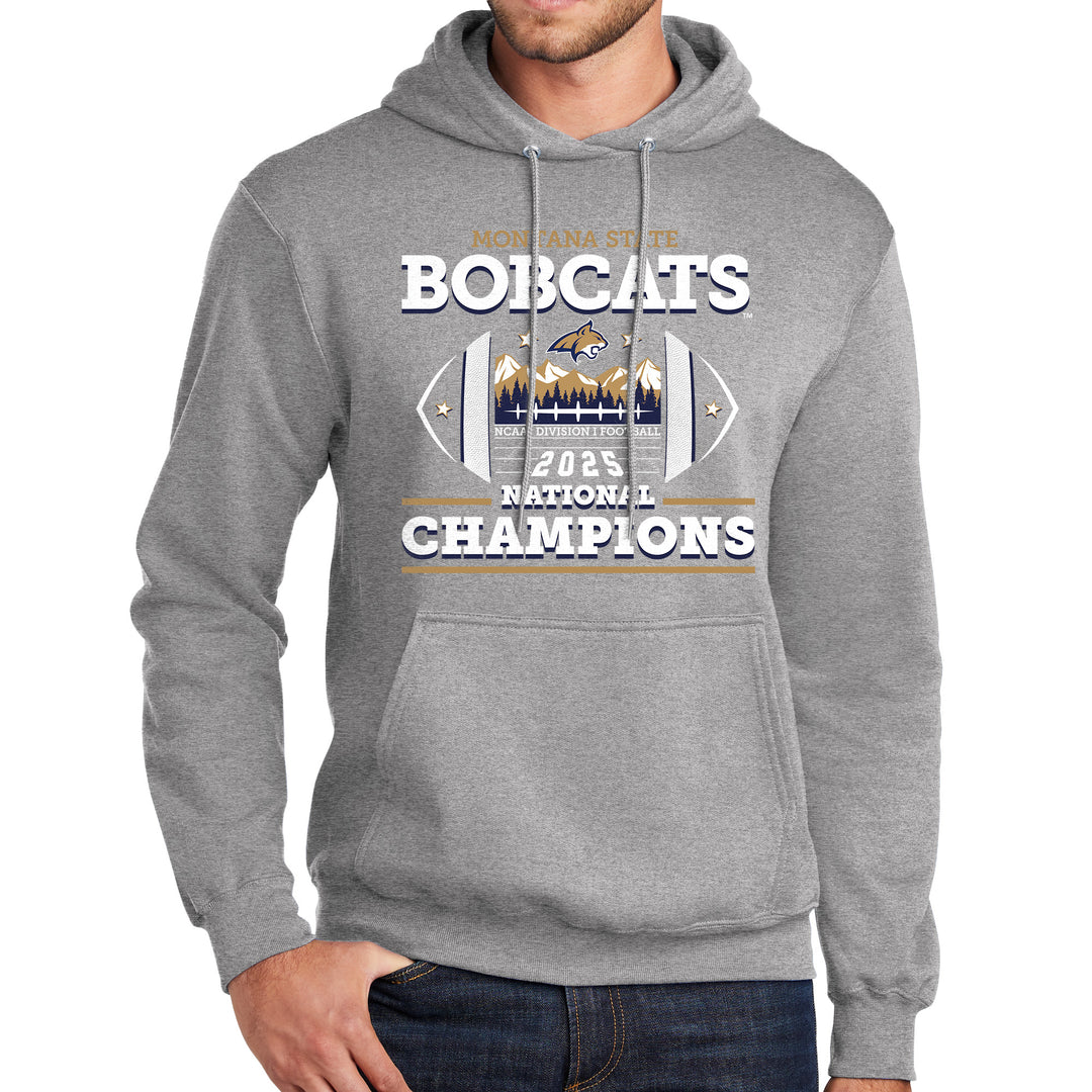 Gray fleece hoodie with 'Montana State Bobcats 2025 National Champions' text and logo on a white background NCAA National Championship Design