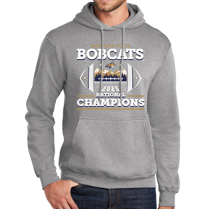 Gray fleece hoodie with 'Montana State Bobcats 2025 National Champions' text and logo on a white background NCAA National Championship Design