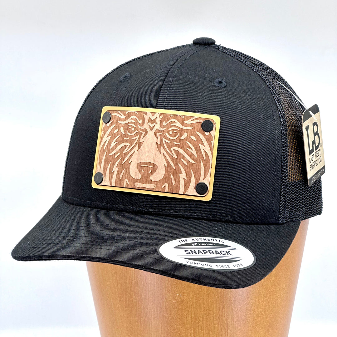 Bear Face Alder Wood & Gold Aluminum Plate Patch Trucker Hat - Black
