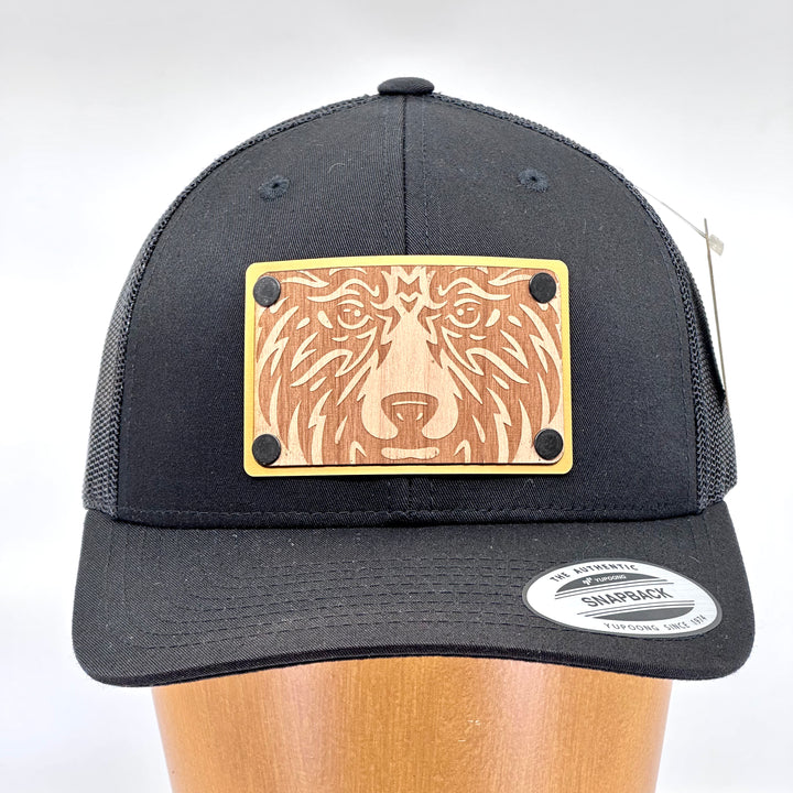 Bear Face Alder Wood & Gold Aluminum Plate Patch Trucker Hat - Black
