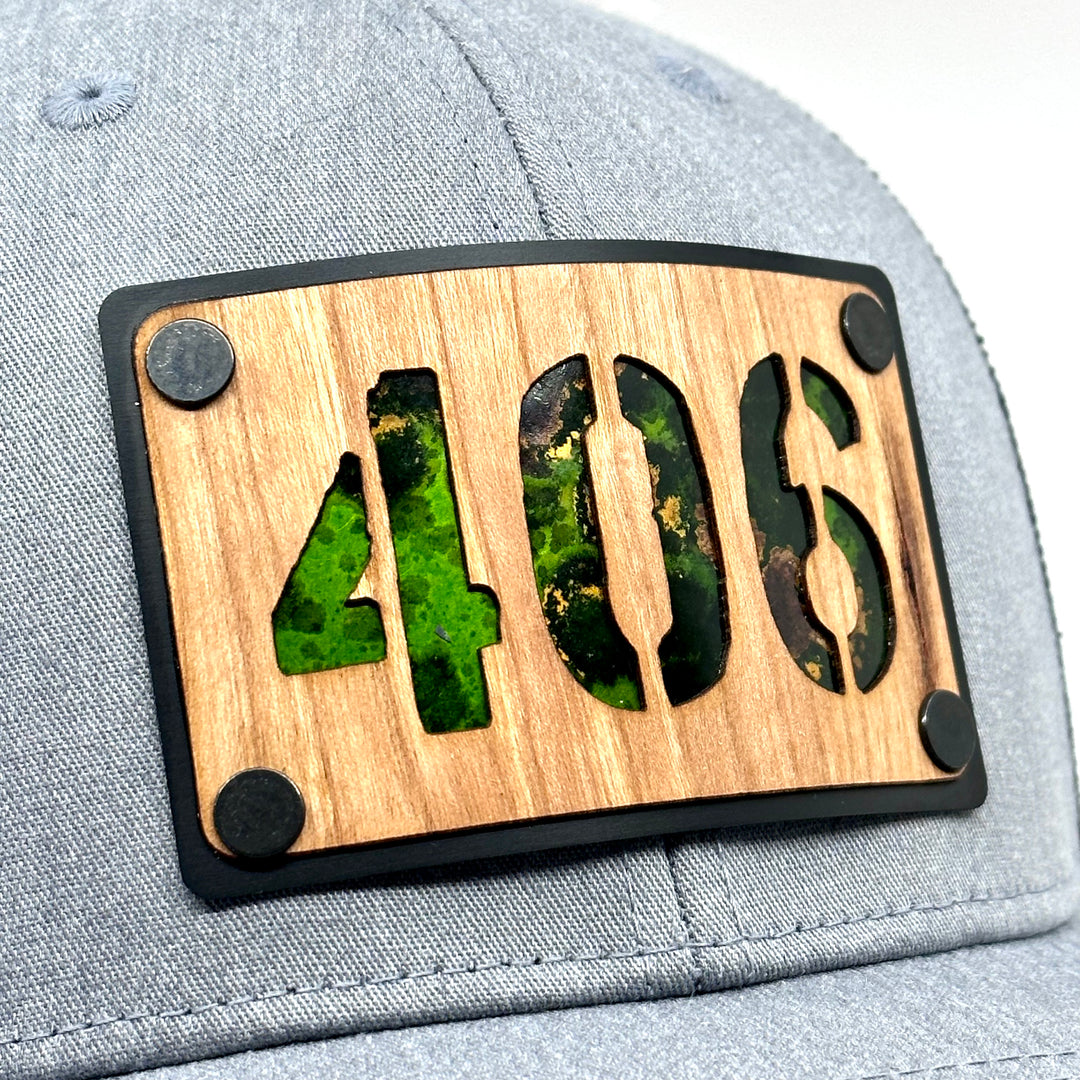 406 Cherry Wood & Green Copper Plate Patch Trucker Hat