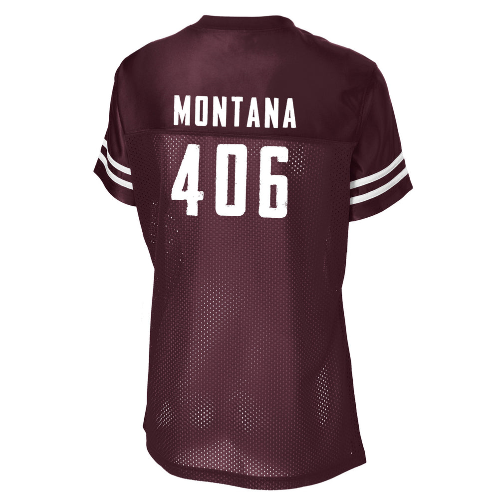 Blue Peaks Creative's maroon Ladies Jersey with a two-sided print, Griz (front) and 406 Montana (back), back