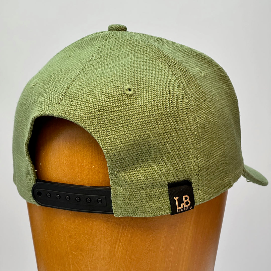 made in montana leather patch hand sewn into hemp fabric hat