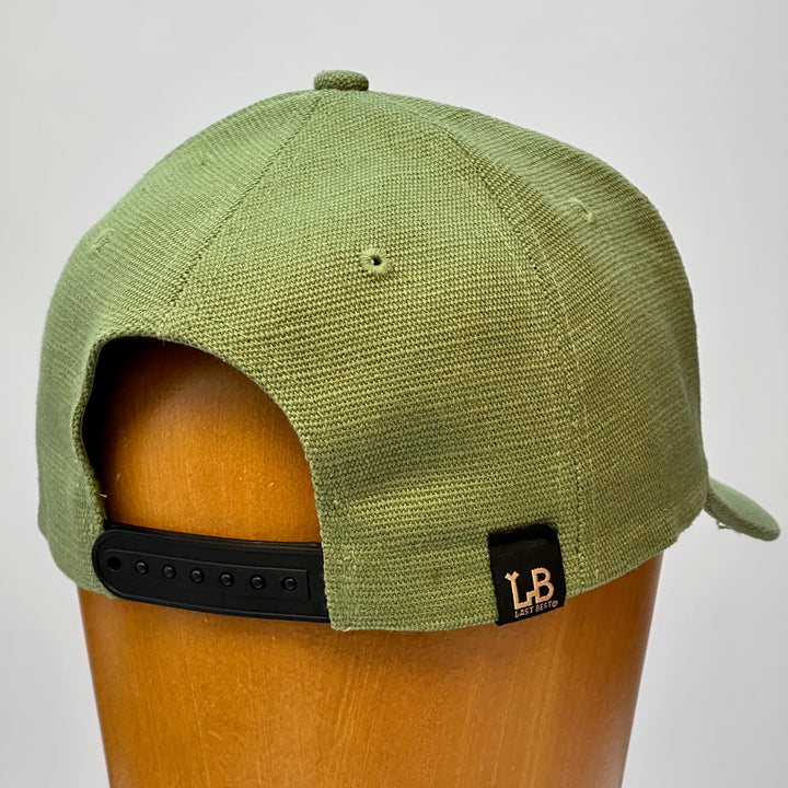 made in montana leather patch hand sewn into hemp fabric hat