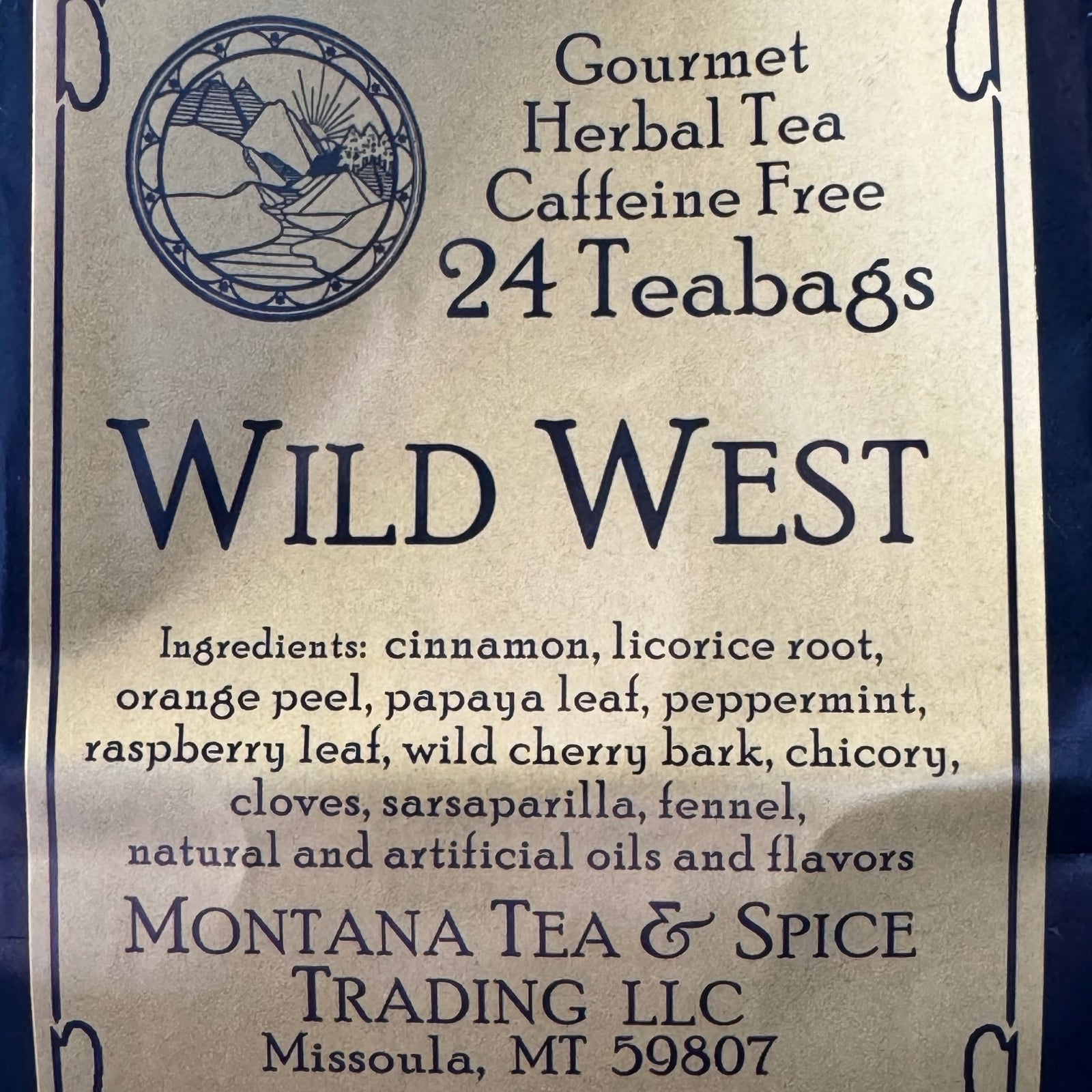 1.7 oz bag of Montana Tea & Spice Trading LLC's Wild West (24 teabags, caffeine free), ingredients—Montana-made tea for gifting and sipping