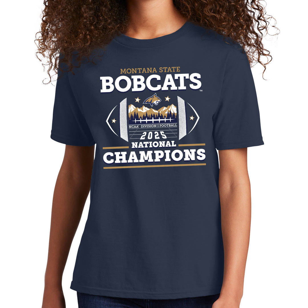 Navy blue youth t-shirt with 'Montana State Bobcats 2025 National Champions' text and graphics on a white background