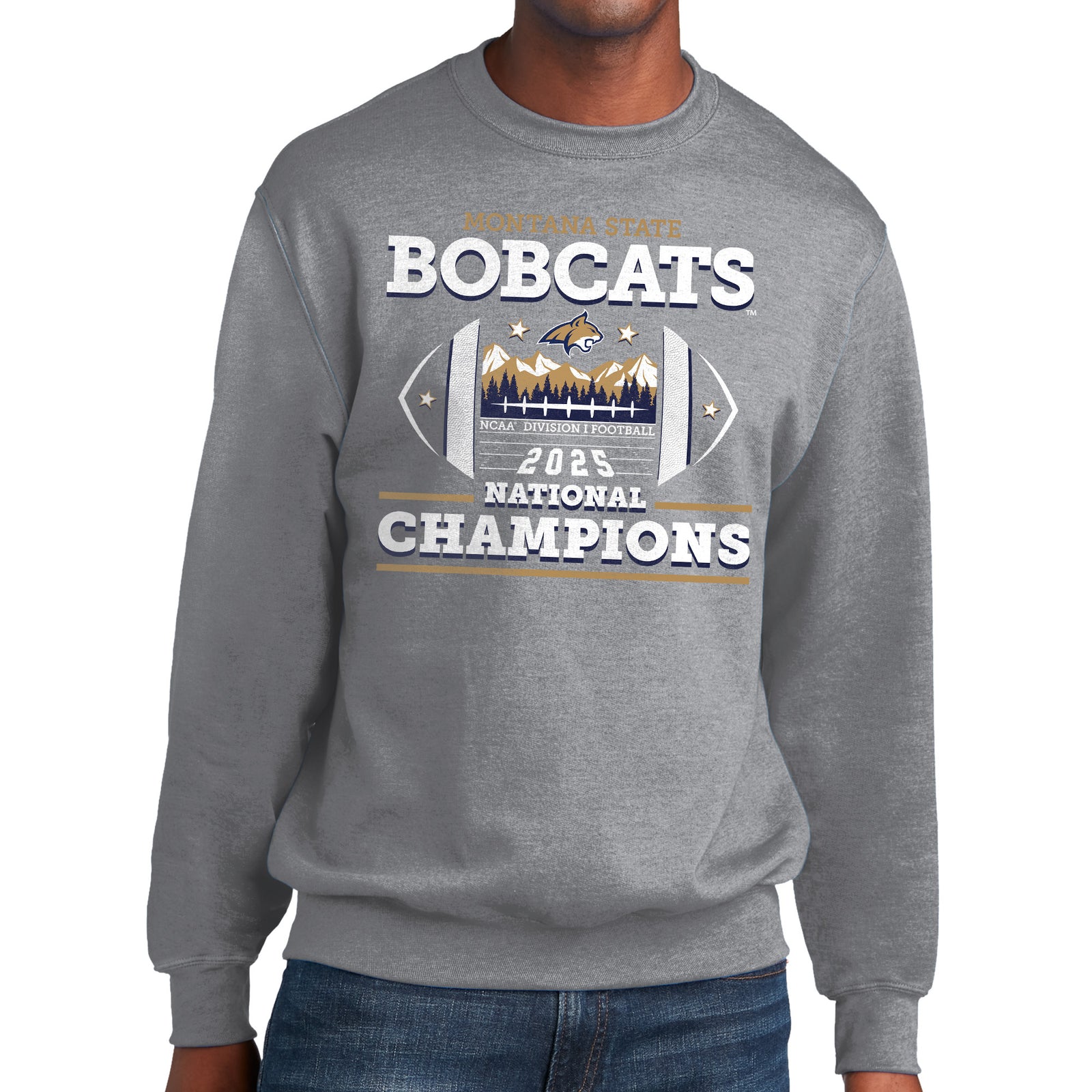 Gray fleece sweatshirt with 'Bobcats 2025 National Champions' text and graphics on a white background