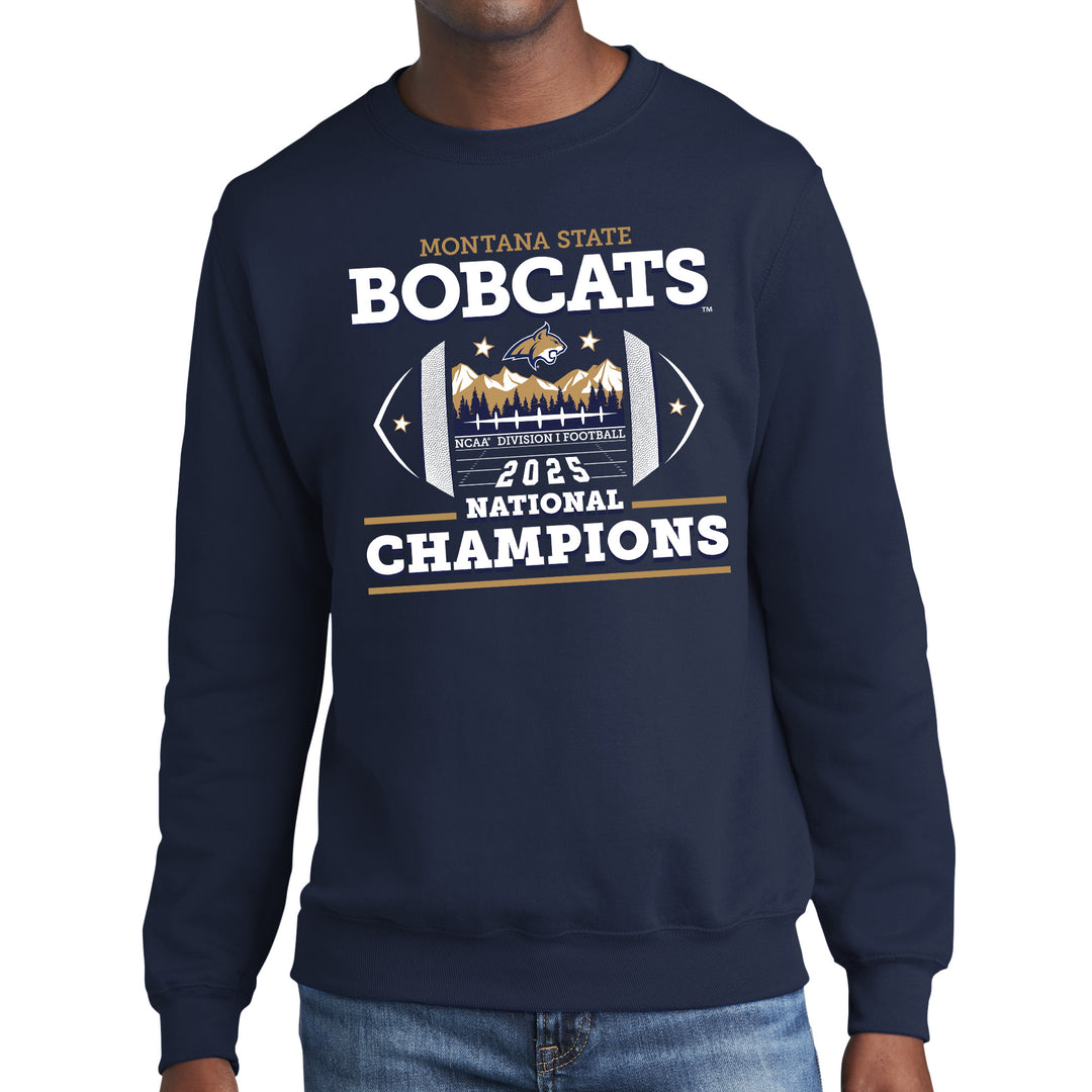 Navy sweatshirt with 'Montana State Bobcats 2025 National Champions' text and graphics on a white background