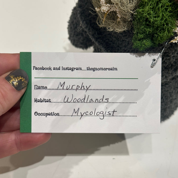 Hand holding a name tag with details about &