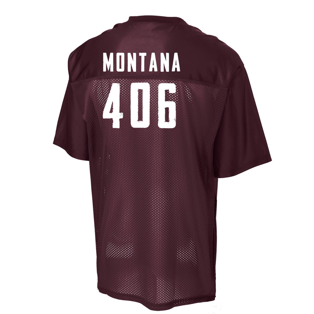 Blue Peak Creative's maroon Two Sided Unisex Jersey T-Shirt with the Griz Script (front) and 406 Montana (back) designs in white, back