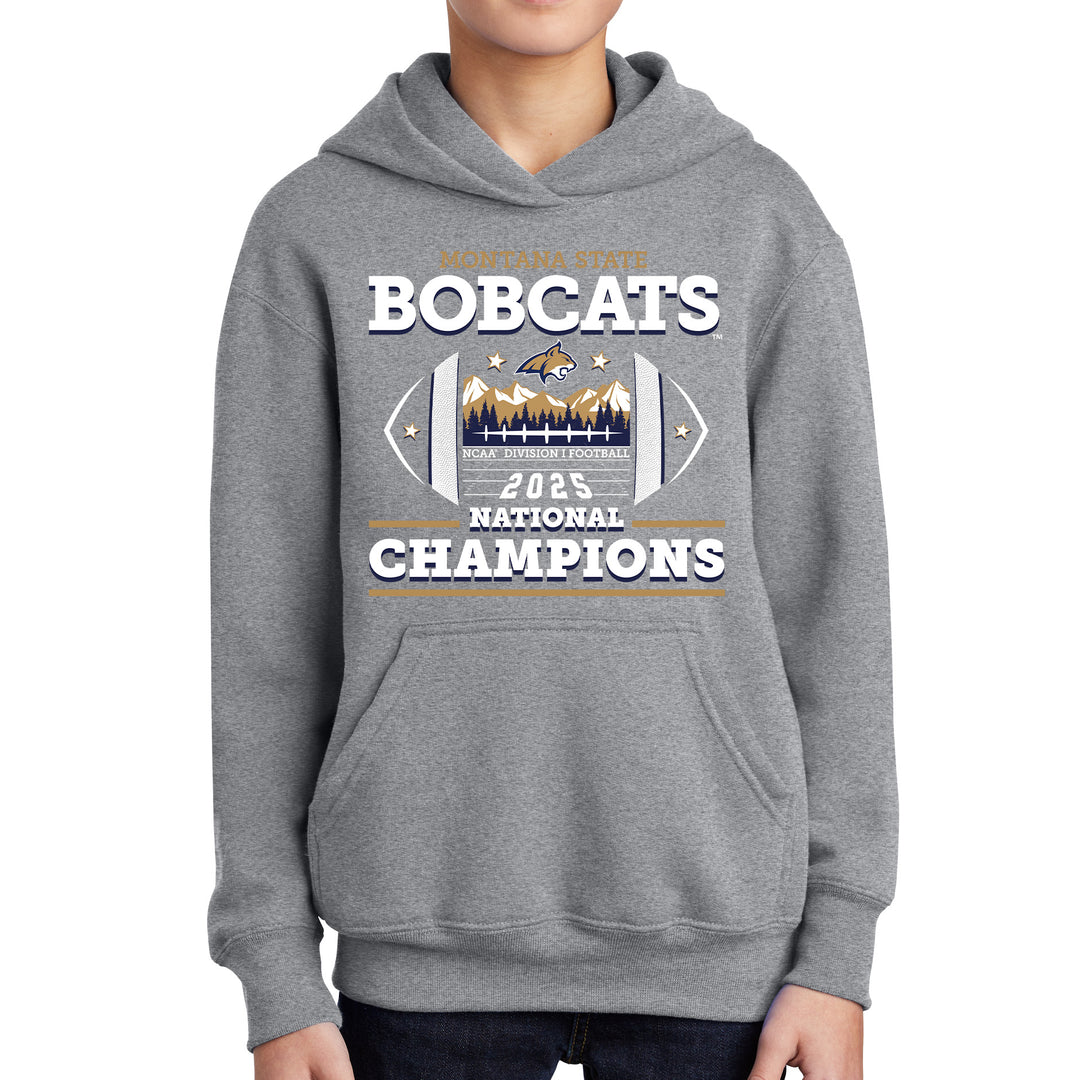 Gray youth hoodie with 'Bobcats 2025 National Champions' text and graphics on a white background
