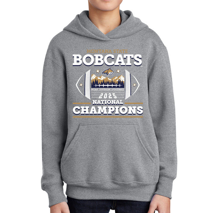 Gray youth hoodie with 'Bobcats 2025 National Champions' text and graphics on a white background