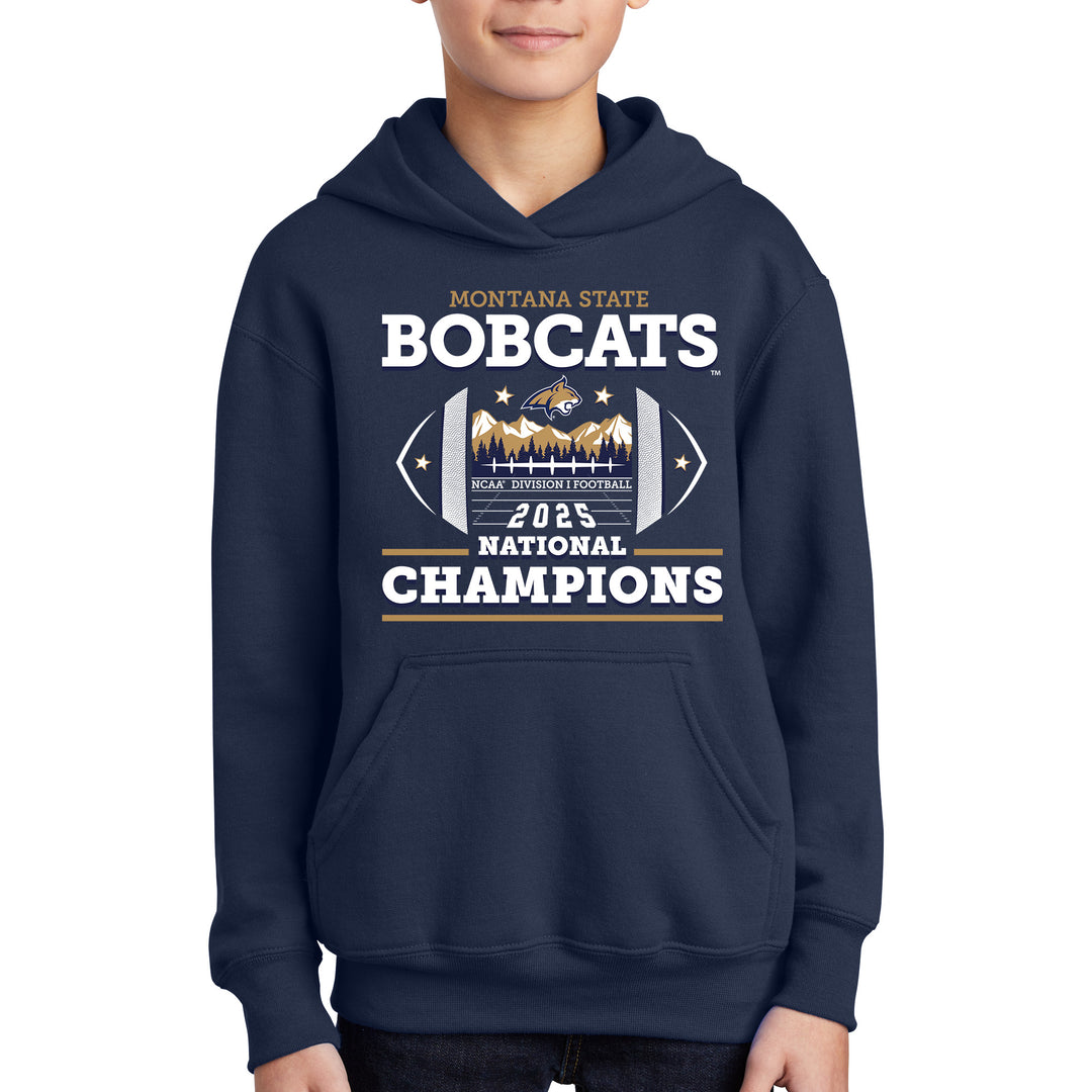 Navy youth hoodie with 'Montana State Bobcats 2023 National Champions' text and graphics on a white background