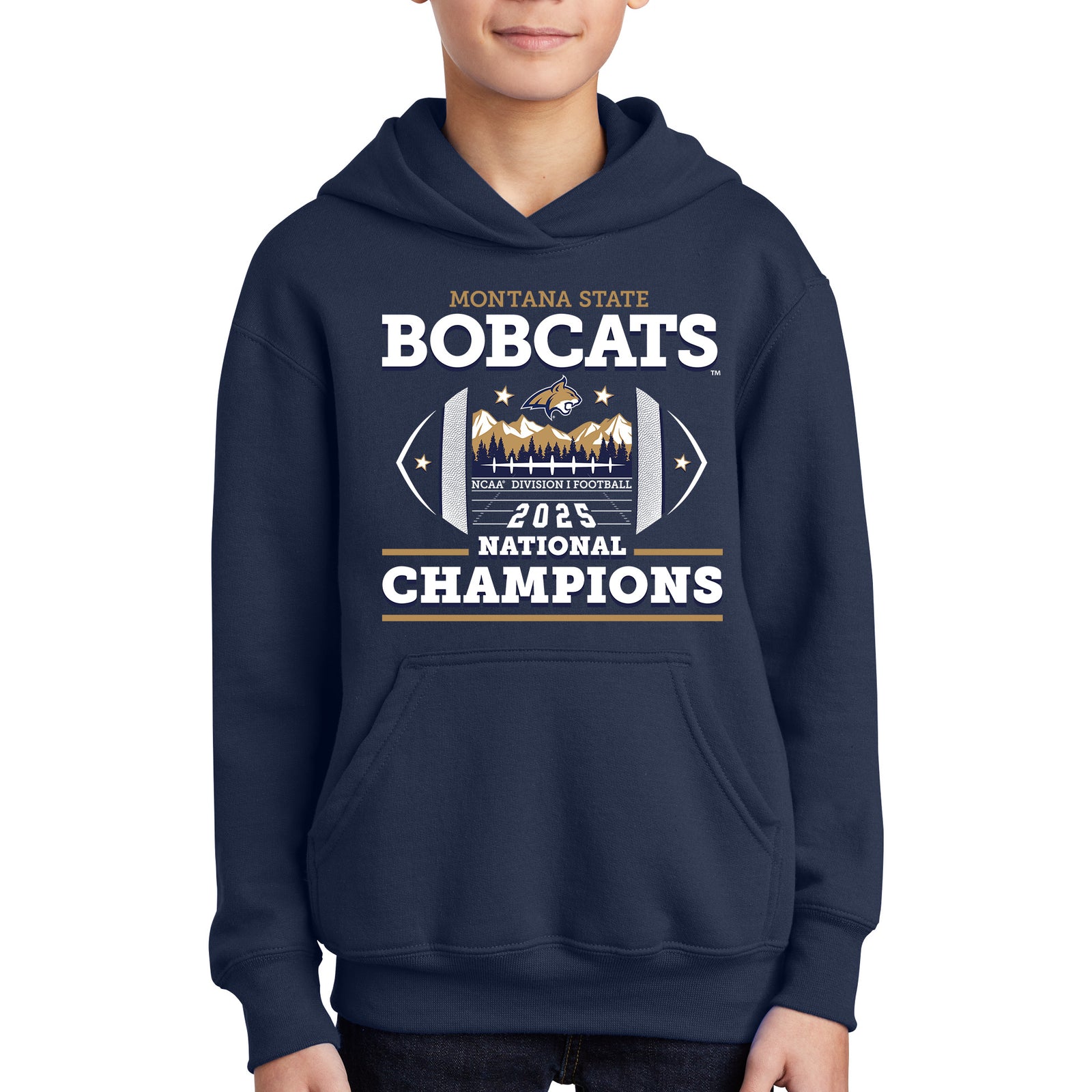 Navy youth hoodie with 'Montana State Bobcats 2023 National Champions' text and graphics on a white background