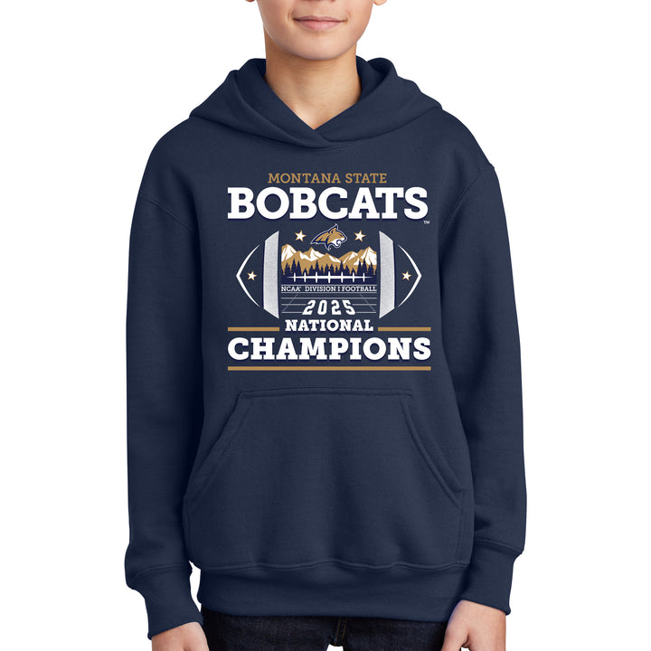 Navy youth hoodie with 'Montana State Bobcats 2023 National Champions' text and graphics on a white background