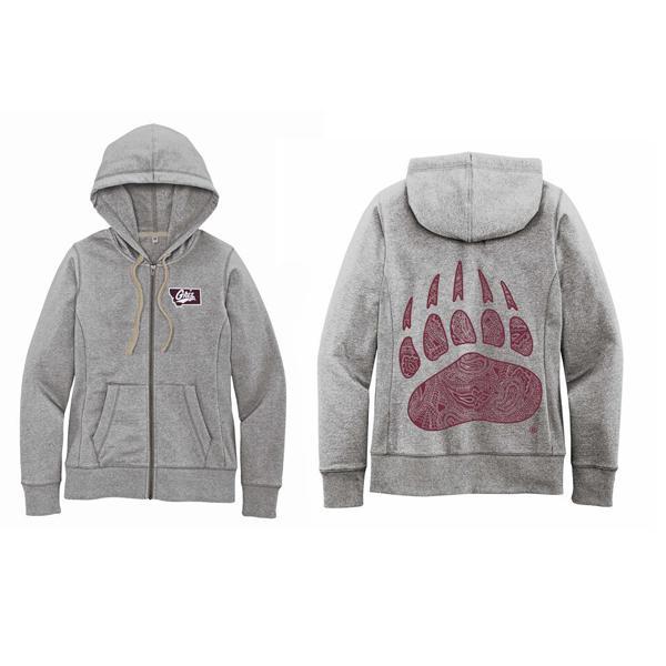 Blue Peaks Creative's Ladies' Full Zip Hooded Sweatshirt embroidered with the Montana Griz Script on the front and printed with the Paisley Paw on back, grey