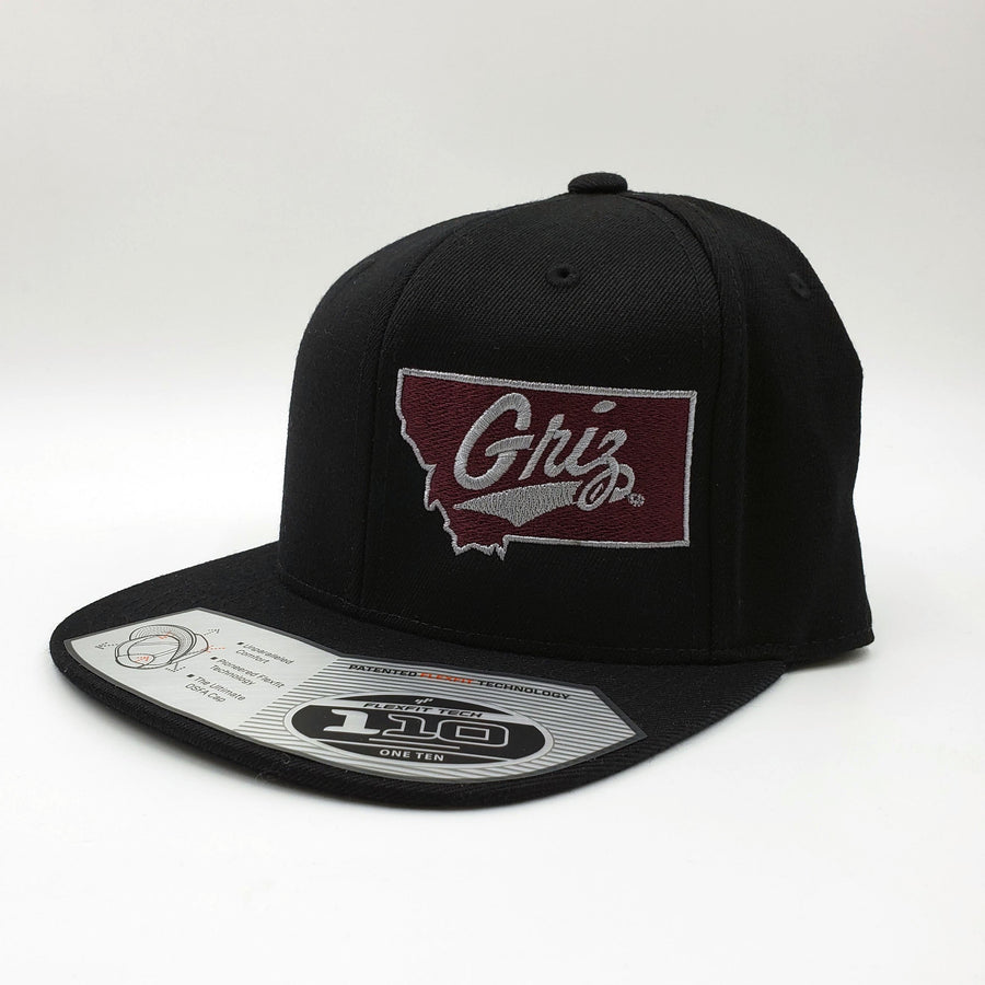 Blue Peaks Creative UM Grizzlies hat, Flexfit Montana Griz Script Flat Bill Hat, black w/ maroon & silver embroidery