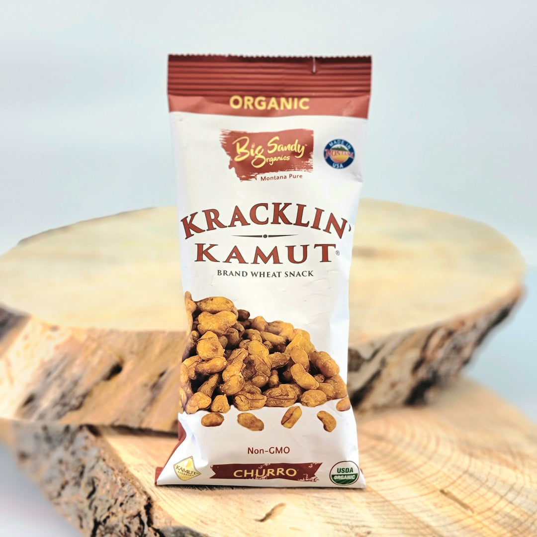 1.4 oz. bag of Churro flavored Kracklin Kamut wheat germ snack, front