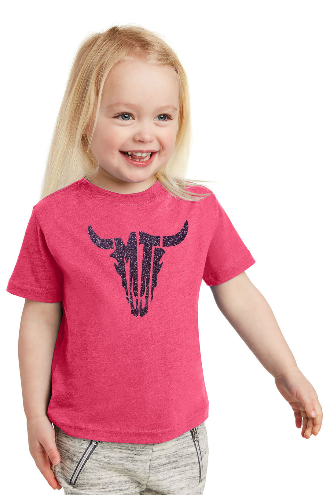 Hot Pink w/Purple Glitter MT Steer Skull Toddler Jersey T-Shirt