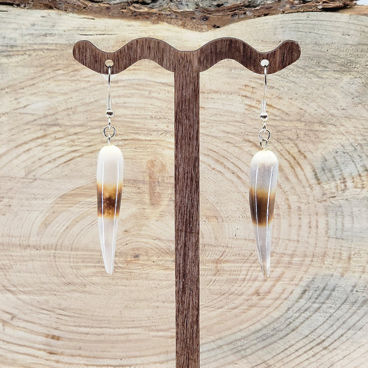 Pair of natural antler earrings with designed tips from 406 Antlery