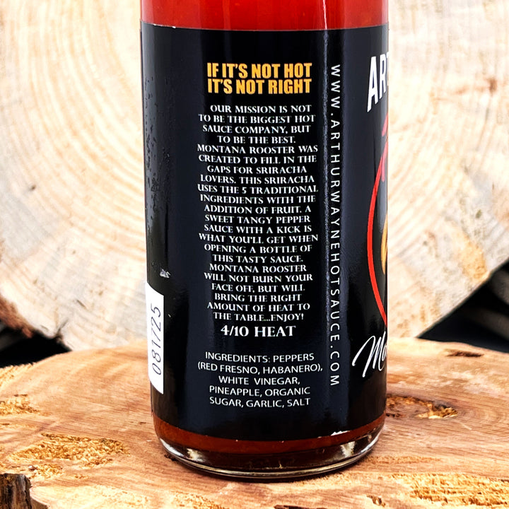5 oz. Bottle of Montana Rooster Hot Sauce, with Red Fresno Peppers, Habaneros, and Pineapple, made in Montana by Arthur Wayne Hot Sauce