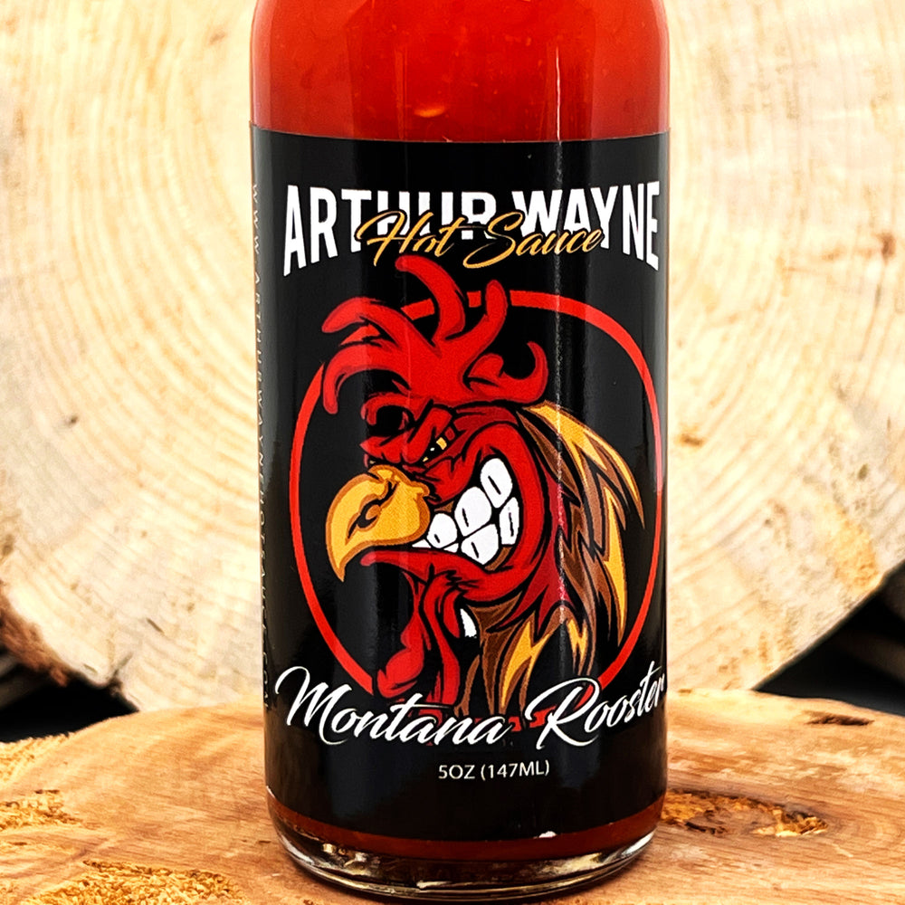 5 oz. Bottle of Montana Rooster Hot Sauce, with Red Fresno Peppers, Habaneros, and Pineapple, made in Montana by Arthur Wayne Hot Sauce