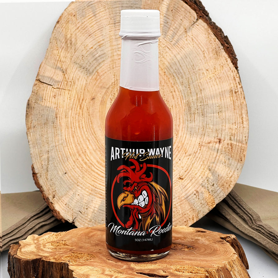 5 oz. Bottle of Montana Rooster Hot Sauce, with Red Fresno Peppers, Habaneros, and Pineapple, made in Montana by Arthur Wayne Hot Sauce