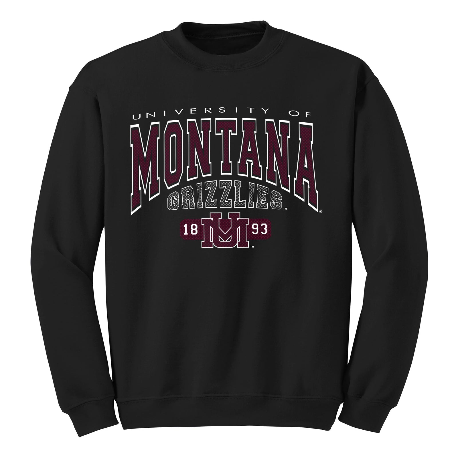 Black Big Montana Grizzlies - Core Fleece Crewneck Sweatshirt made in Missoula, MT (home of the UM Grizzlies) by Blue Peak Creative—a black crewneck sweatshirt printed with the big University of Montana Grizzlies (team name) design in maroon, grey, and white.