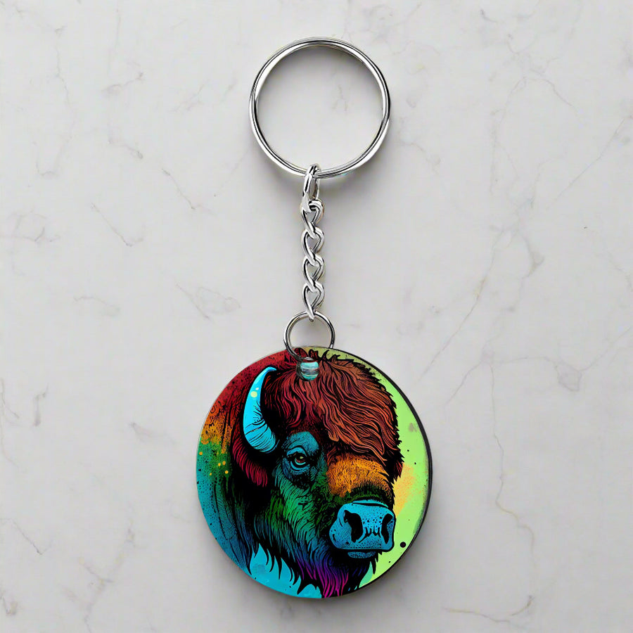 Acrylic and metal keychain with the Bison Rainbow Moon Circle design made and printed in Montana, USA by Blue Peak Creative.