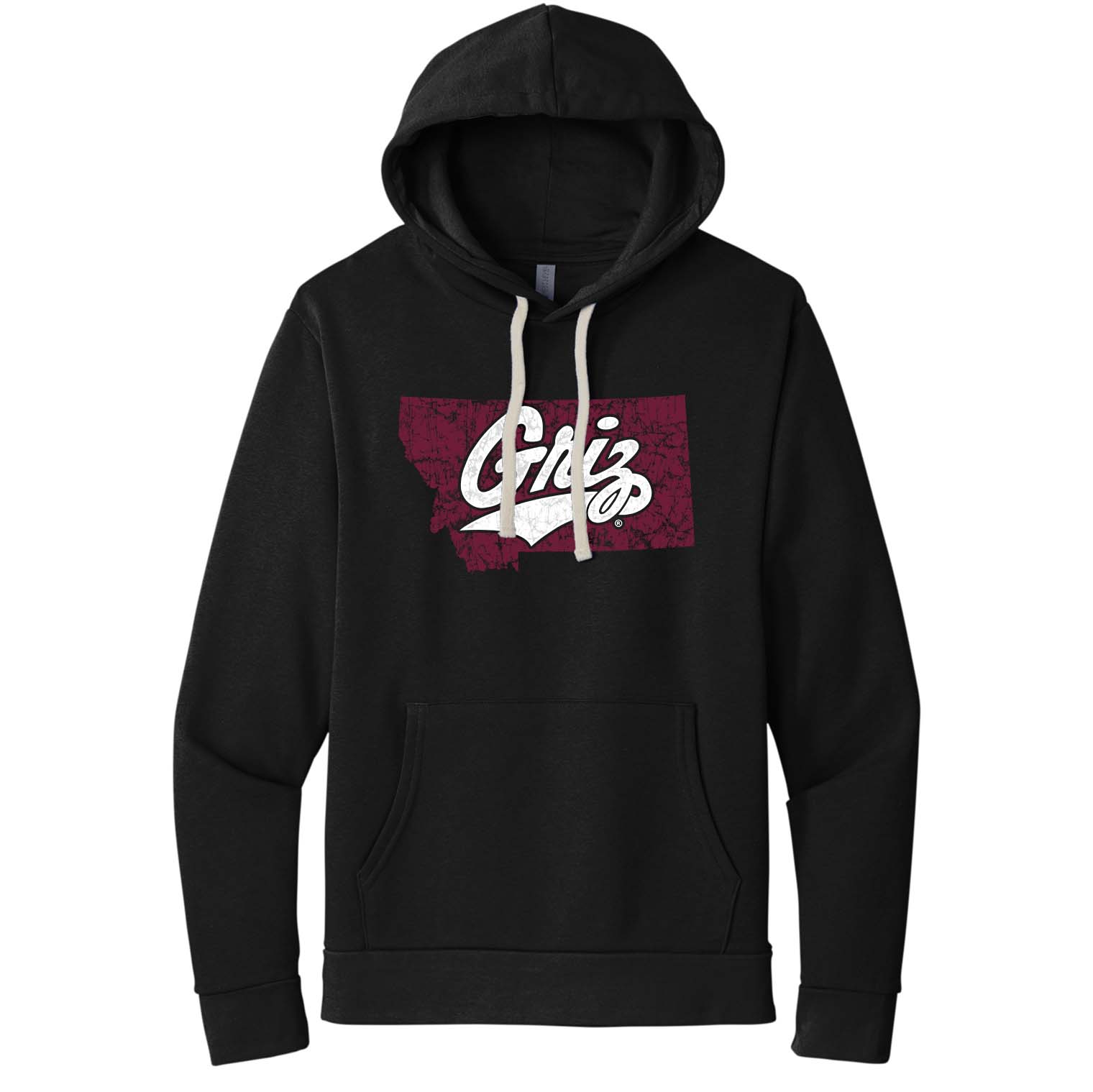 Black Distressed Montana Griz Script - Fleece Hooded Sweatshirt made in Missoula, MT (home of the UM Grizzlies) by Blue Peak Creative—a black fleece hooded sweatshirt featuring a distressed white University of Montana Griz script and maroon silhouette of the state of Montana
