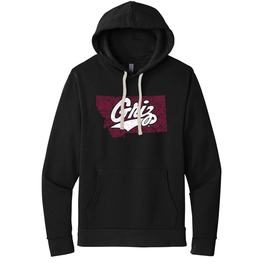 Black Distressed Montana Griz Script - Fleece Hooded Sweatshirt made in Missoula, MT (home of the UM Grizzlies) by Blue Peak Creative—a black fleece hooded sweatshirt featuring a distressed white University of Montana Griz script and maroon silhouette of the state of Montana