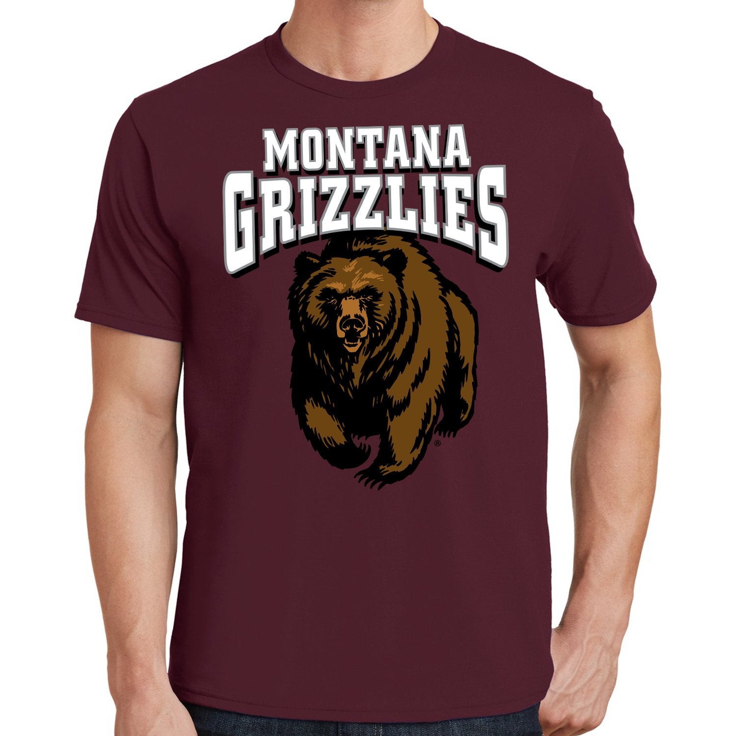 Maroon Montana Grizzlies Charging Bear - Fan Favorite Cotton T-shirt made in Missoula, MT (home of the UM Grizzlies) by Blue Peak Creative—a maroon, 100% cotton tee printed with the classic University of MT charging bear design
