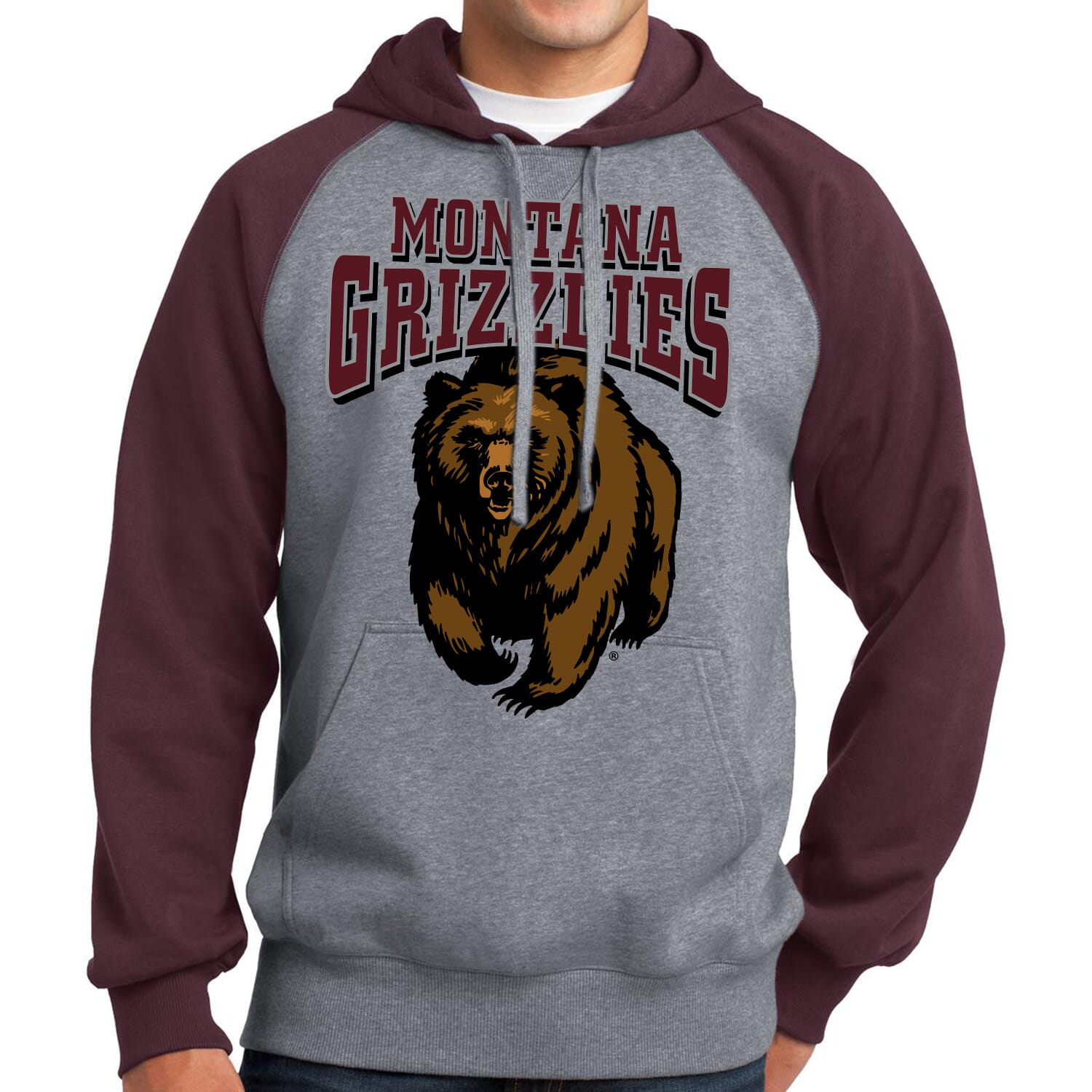 Montana Grizzlies Charging Bear - Raglan Pullover Hooded Sweatshirt made in Missoula, MT (home of the UM Grizzlies) by Blue Peak Creative—a maroon and grey raglan hoodie printed with the classic Montana Grizzlies Charging Bear design