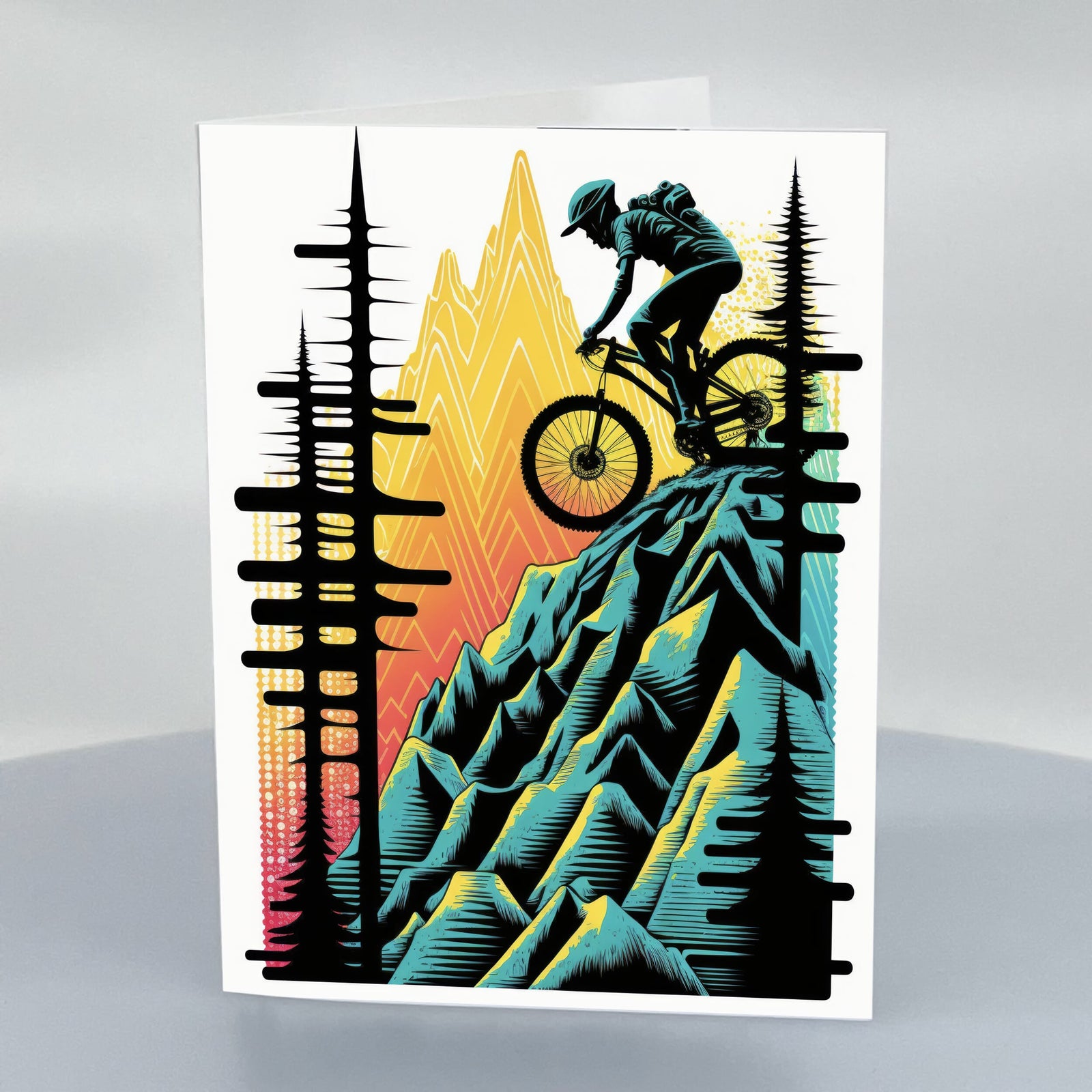 Steep Drop Bike blank 5x7 Greeting Card with Envelope by Blue Peak Creative Montana, designed and printed in Missoula, Montana, USA; blank on the inside, printed on high-quality card stock, and paired with an envelope