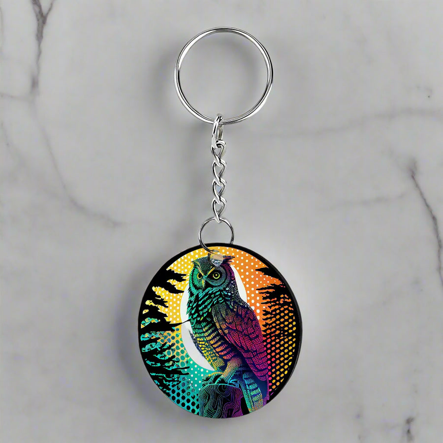 Acrylic and metal keychain with the Pastel Owl Circle design made and printed in Montana, USA by Blue Peak Creative.