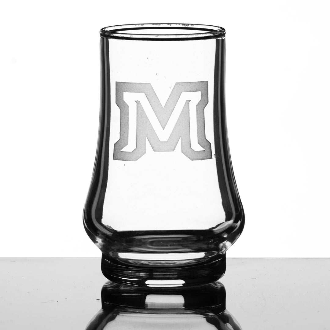 Sand Carved MSU M Logo 5.75oz Kenzie Whiskey Taster, made in Montana by Blue Peak Creative