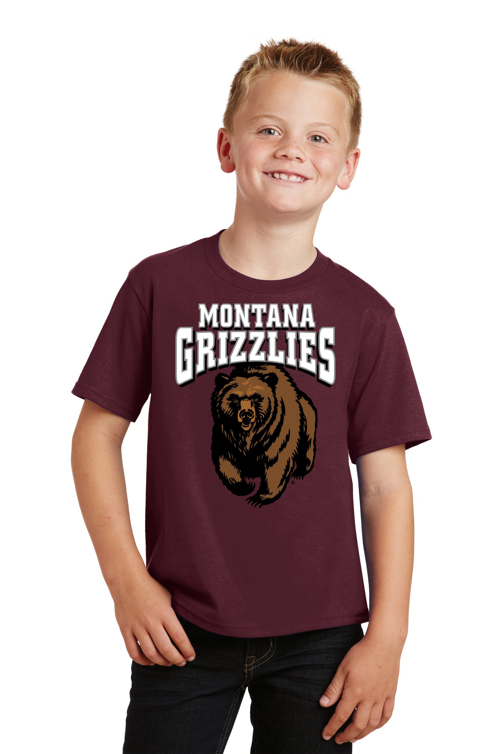 Montana Grizzlies Charging Bear - Youth Fan Favorite T-shirt made in Missoula, MT (home of the UM Grizzlies) by Blue Peak Creative—a maroon Fan Favorite cotton youth tee printed with the Montana Grizzlies Charging Bear design
