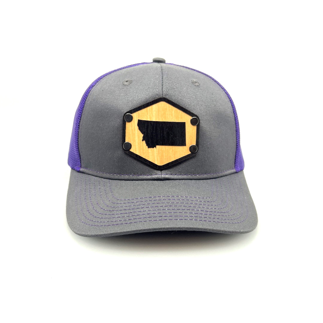 Charcoal & Purple Mesh All Wood Patch MT State Silhouetted Trucker Hat