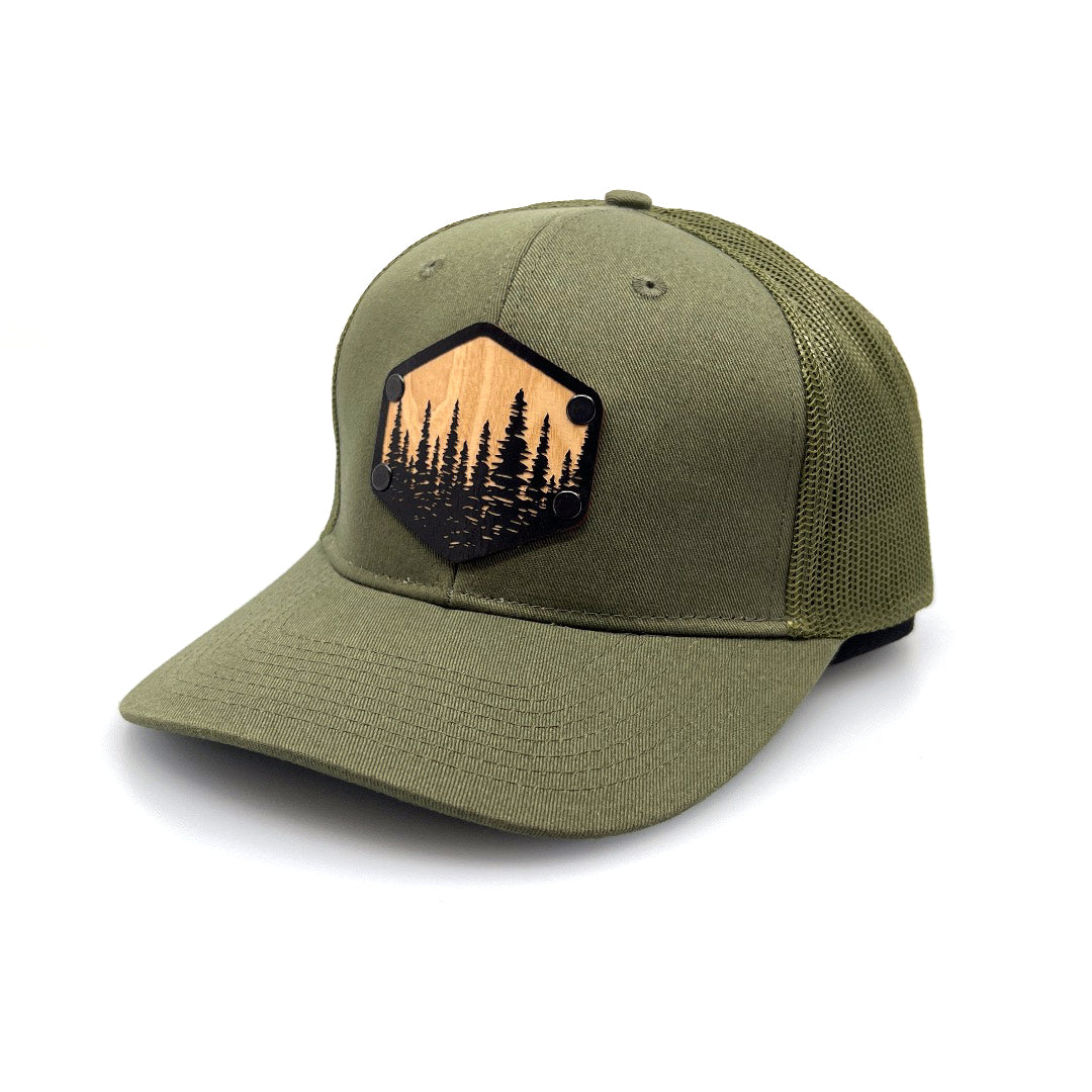 Hexagon Trees Solid Wood Patch & Olive Green Trucker Hat